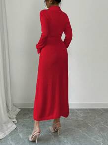 Chiquease Women's Solid Color Front Button Long Sleeve Casual Long Sweater Dress - Red - View 2