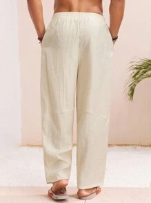 HIMLAND Men's Woven Casual Solid Color Elastic Waist Loose Straight Fit Pants - Apricot - View 2