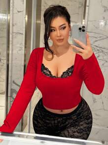 SHEIN SXY 女士加大码优雅蕾丝领拼接修身长袖 T 恤