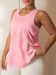 Gameset SHEIN Sport 大码圆领无袖字母印花休闲运动上衣 - 淺粉色 - 查看 4