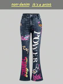 Tween Girl Stylish Faux-Denim Effect Letter Print Flared Leggings - Multicolor - View 1