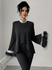 Elenzga Women's Elegant Fuzzy Rhinestone Decor Asymmetric Loose Long Sleeve Shirt - Black - View 4