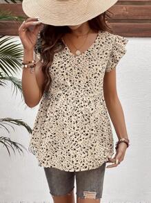 SHEIN Pregnant Women Ditsy Floral V-Neck Cap Sleeve Nursing Top - Khaki - View 5