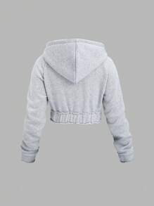 SHEIN Unity Grey Ripped Splice Drawstring Waist Pockets Long Sleeve Short Casual Street Style Sweatshirt For Ladies, Autumn Pullover Fall