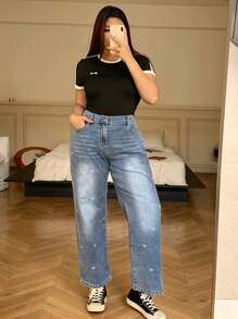 Dazy Petite Plus Butterfly Embroidered Wash Straight Leg Jeans, Suitable For All Seasons - Blue - View 8