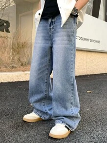 SHEIN Tween Boy Fashion Casual Blue Denim Basic Simple Mix And Match Loose Straight Leg Jeans For Boy Costume Dailywear And The Four Seasonsr Kids Clothes