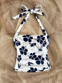 Soleia Bohemian ,Boho, Floral ,Vacation, Floral 4th Of July Tops Vacation Tops Beaded Top Peplum Top Party Tops Cami Top Camisole Top 4th Of July Women Crop Tops For Women Vacation Elegant Knitted Stretchy Printed Halter-Neck Tie Bow Short Blouse For Women,Summer For Women,St Patrick Day, St Patrick Day,Party