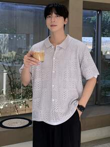 DAZY Summer Pattern Hollow Design Cardigan Men's Short Sleeve Knit Top - Khaki - View 6