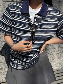 DAZY Women's Polo Collar Short Sleeve Casual Striped T-Shirt - Multicolor - View 6