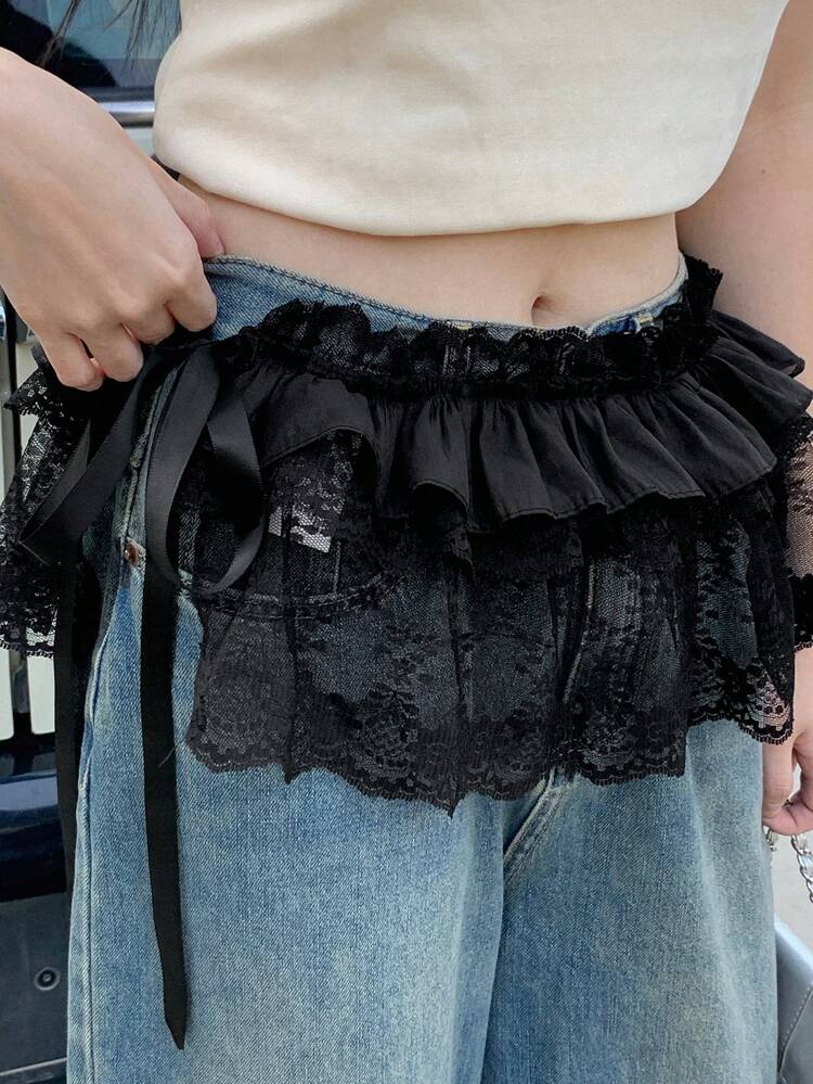 Women Lace Mesh Tie-Up Detail Mini Skirt