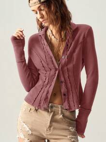 Bohemela Top ajustado de manga larga y apertura frontal de punto de unicolor para mujeres