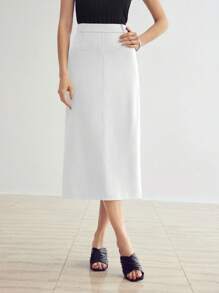 MOTF PREMIUM 纯色后开衩直筒裙 - 白色 - 查看 3