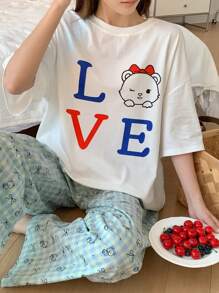 DAZY 2 件套卡通印花宽松短袖女士睡衣套装 - 白色 - 查看 4