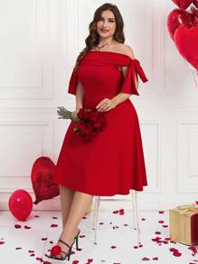 Ellevyn Plus Size Elegant Valentine's Day Solid Red Off Shoulder Bowknot A-Line Dress Outfit