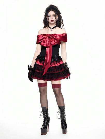 Goth Valentine's Day Off Shoulder Satin Bow & Lace Panel Glamorous Sexy Dress