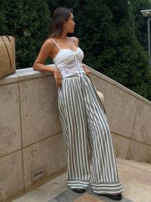 DAZY Contrast Color Stripe Loose Drawstring Elastic Waist Wide Leg Pants, Bohemian Style For Women - Navy Blue - View 6