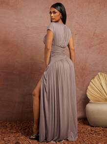 SHEIN SXY Váy xòe dài siêu dài thanh lịch gợi cảm màu xám pha sợi tre thắt nút co giãn cao dành cho nữ mùa xuân và mùa hè, cổ tròn, tay ngắn, xẻ tà đôi, thích hợp mặc hàng ngày, tiệc cưới - màu nâu - Xem 3