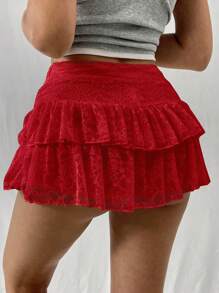 EgrlEra Falda mini de línea A de unicolor dulce con doble capa de encaje blanco y rojo, falda estilo Y2K
