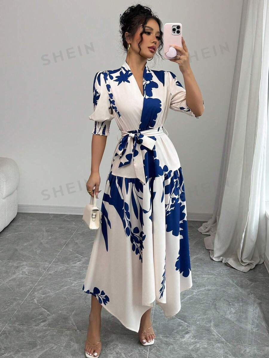 Chiquease Rochie lungă elegantă cu decolteu în V cu imprimeu floral