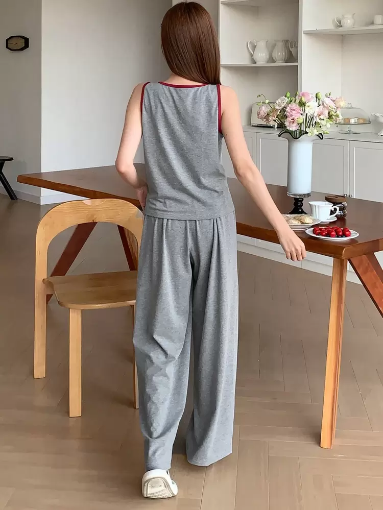 Cartoon Print Contrast Trim Decor Camisole And Loose Straight Leg Pajama Pants Set