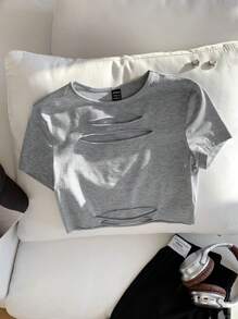 Comfortcana 女士圆领短袖镂空休闲上衣，日常穿着 - 灰色 - 查看 4