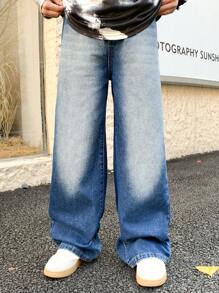 SHEIN 适合青少年男孩的休闲时尚蓝色牛仔宽松舒适直筒牛仔裤，柔软舒适，适合日常穿着和四季穿着。 - 藍色 - 查看 4