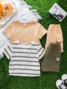 SHEIN 4 Stücke/Set buntes Baby Mädchen & Jungen Dekor-Text-Set aus Sommer Baumwoll-Strick mit Rundhalsausschnitt, Kurzarm, Drop-Shoulder und elastischer Taille Cargo Shorts, geeignet für Urlaub, Zuhause, Schule