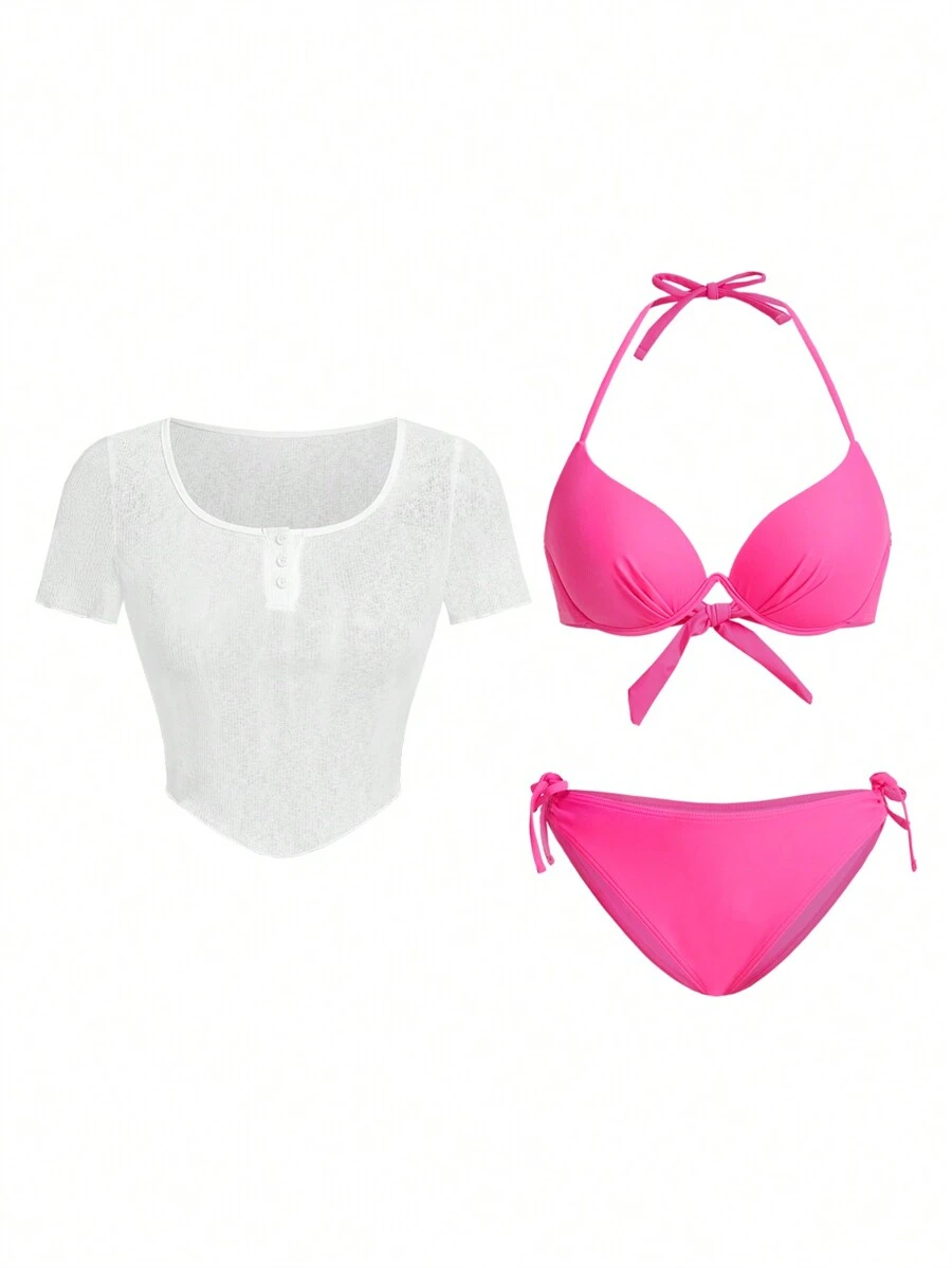 Swim Mod Ensemble bikini femme rose mignon et ludique avec armature et Top à encolure ras-du-cou, manches courtes. Idéal pour les vacances et la plage, pour l'été