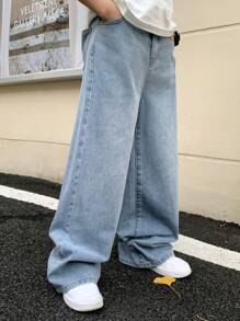 SHEIN 青少年男童时尚休闲复古蓝色牛仔宽松阔腿牛仔裤，柔软舒适，适合日常穿着，四季皆宜。 - 藍色 - 查看 3