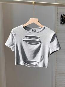 Comfortcana 女士圆领短袖镂空休闲上衣，日常穿着 - 灰色 - 查看 5