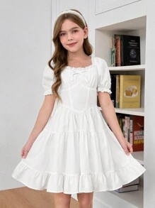 SHEIN Leap Crew Vestido de línea A con volantes en el bajo, manga corta con volantes y lazo delantero, color blanco sólido, elegante, para niña preadolescente, atuendo de princesa, para uso diario, para vacaciones - Blanco - Ver 5