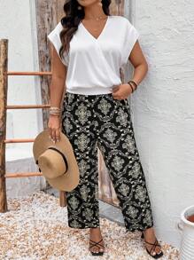 SHEIN LUNE 2pcs Plus Size Women Chiffon Patchwork White Short Sleeve Top & Shorts Set, Elegant Holiday & Resort, Spring/Summer