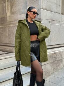 EURMUSE Fashionable Quilted Hooded With Pockets And Snaps Long Coat - Green - View 5