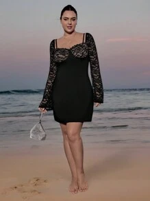 SHEIN VCAY Plus Size Elegant Romantic Lace Patchwork Party Dress, Black Holiday Mini Dress, Versatile Cocktail Dress Valentine's Day Summer Spring Black Dress