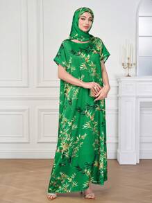 Al Najma Women's Round Neck Short Sleeve All-Over Print Maxi Arabian Dress - Green - View 3