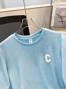 SHEIN 2pcs/Set Teen Boys Casual Short Sleeve Shorts Set, Streetwear Punk Rock School Style Outfit For Daily, Party, Music Festival, Suitable For Spring/Summer, Color Block In Light Blue & White - Blue - View 5