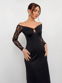 Aloruh Ladies Autumn And Winter New Pure Black Retro Sexy Romantic Lace Splicing Deep V Neck Hollow Super Long A-Line Elegant Party Dress, Valentine's Day, Ladies Dress, Elegant Dress, Valentine's Day, Ladies Birthday Dress, Ladies Black Dress