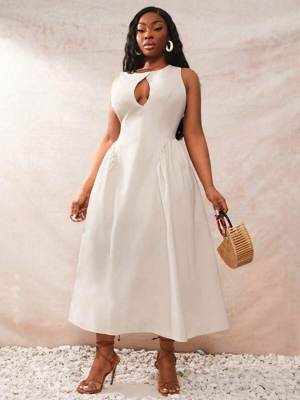 SHEIN SXY Robe d'été sexy pour femme de grande taille, style bohème, couleur unie, col rond, sans manches, ajourée
