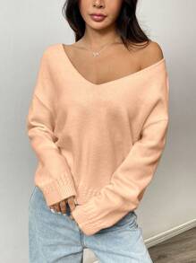 SHEIN Unity 女士V领长袖纯色休闲套头毛衣针织衫秋冬款 - 橘色 - 查看 6