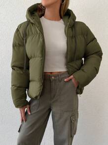 EURMUSE Zip Up Drawstring Hooded Puffer Coat - Dark Green - View 1