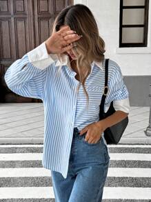 Camisa de manga larga a rayas, casual y de moda para uso diario - Azul - Ver 4