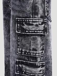 SHEIN Playful Pals 女宝宝新款重度水洗不对称腰带多口袋设计宽松休闲直筒工装牛仔裤 - 深灰色 - 查看 4