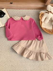 Blossori Conjunto de 2 piezas de sudadera suelta de estilo francés rosa elegante y falda plisada beige para niñas, para primavera/verano