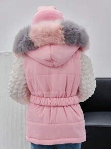SHEIN Young Girl Furry Patchwork Front Zipper Hooded Winter Jacket - Pink - View 2
