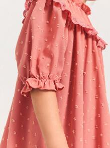 SHEIN Leap Crew Loose Fit Pink Dresses For Young Girls, Ruffle Collar, Puff Sleeves, Lace Trim, Relaxed Fit, Fairy Style, Spring - Pink - View 4