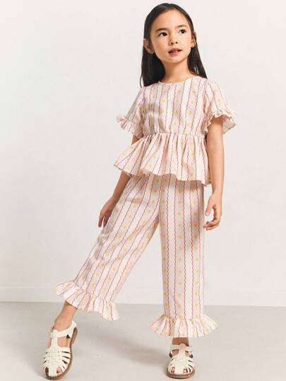 SHEIN Young Girls Chiffon Ditsy Floral Round Neck Short Sleeve Ruffle Blouse And Loose Casual Pants Sets, Vacation Leisure Style