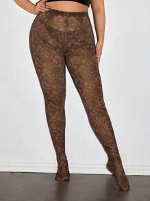 SHEIN ICON Women's Plus Size Semi-Sheer Knitted Fabric Extra Long Leggings In Black With Floral Details For Casual Style