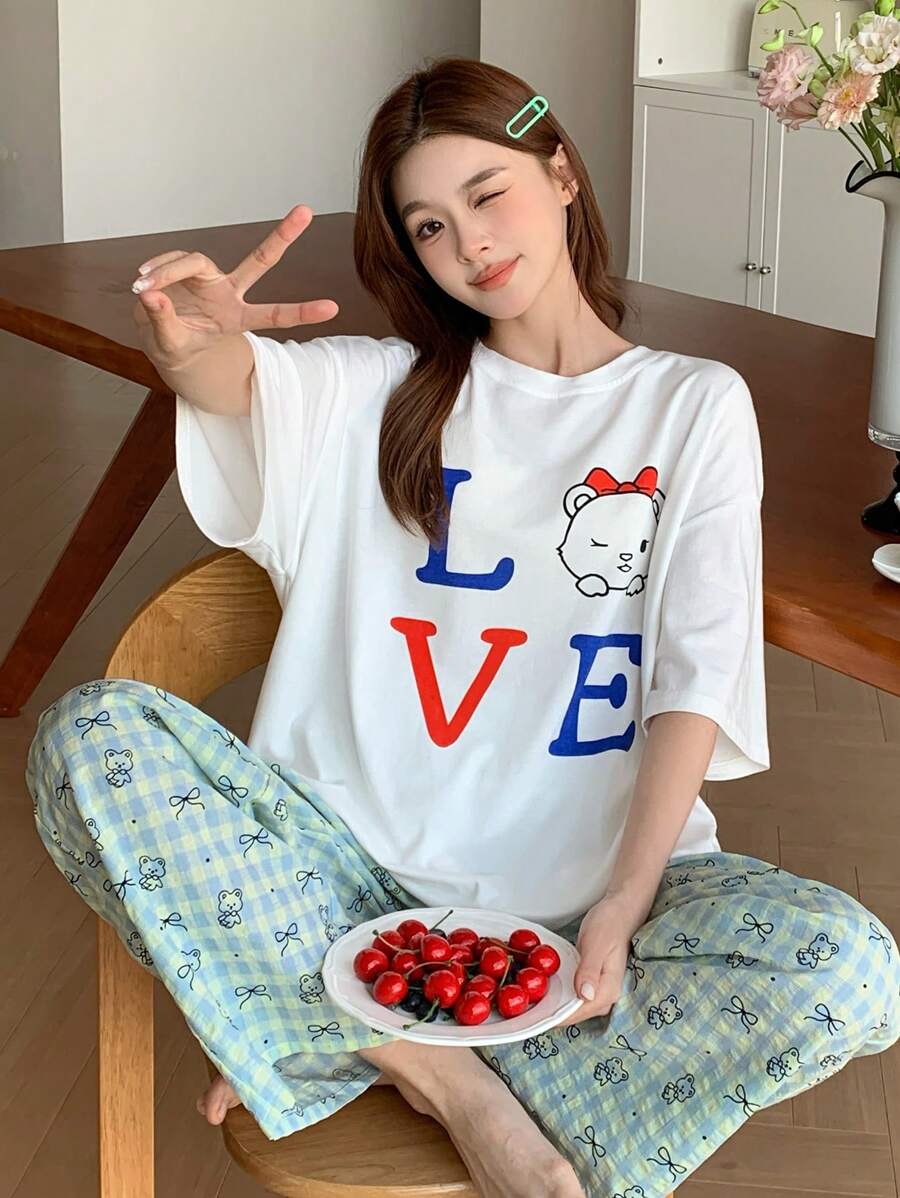DAZY 2 件套卡通印花宽松短袖女士睡衣套装 - 白色 - 查看 1