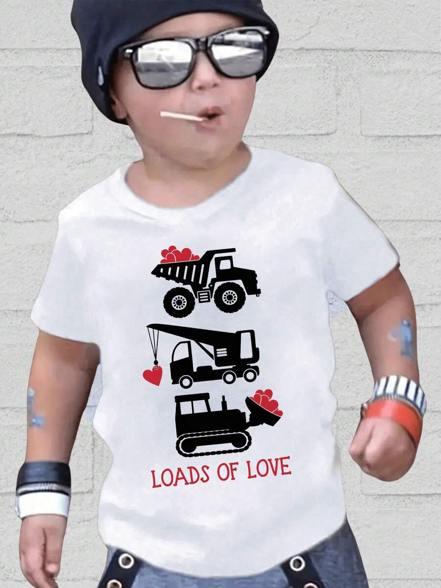 Toddler Boys' Casual Creative Love Car Crane Graphic Print Basic Short Sleeve T-Shirt - White - View 1