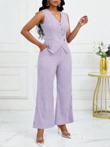 SHEIN Lady 女士条纹单排扣背心和裤子休闲套装 - 紫色 - 查看 4